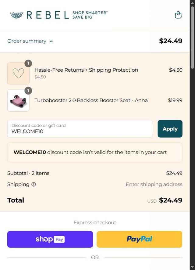 REBEL checkout page showing REBEL discount code box | Screenshot taken by SimplyCodes community member on Aug 27, 2025