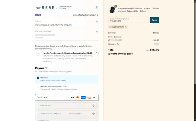 REBEL checkout page showing REBEL discount code box | Screenshot taken by SimplyCodes community member on Aug 30, 2025