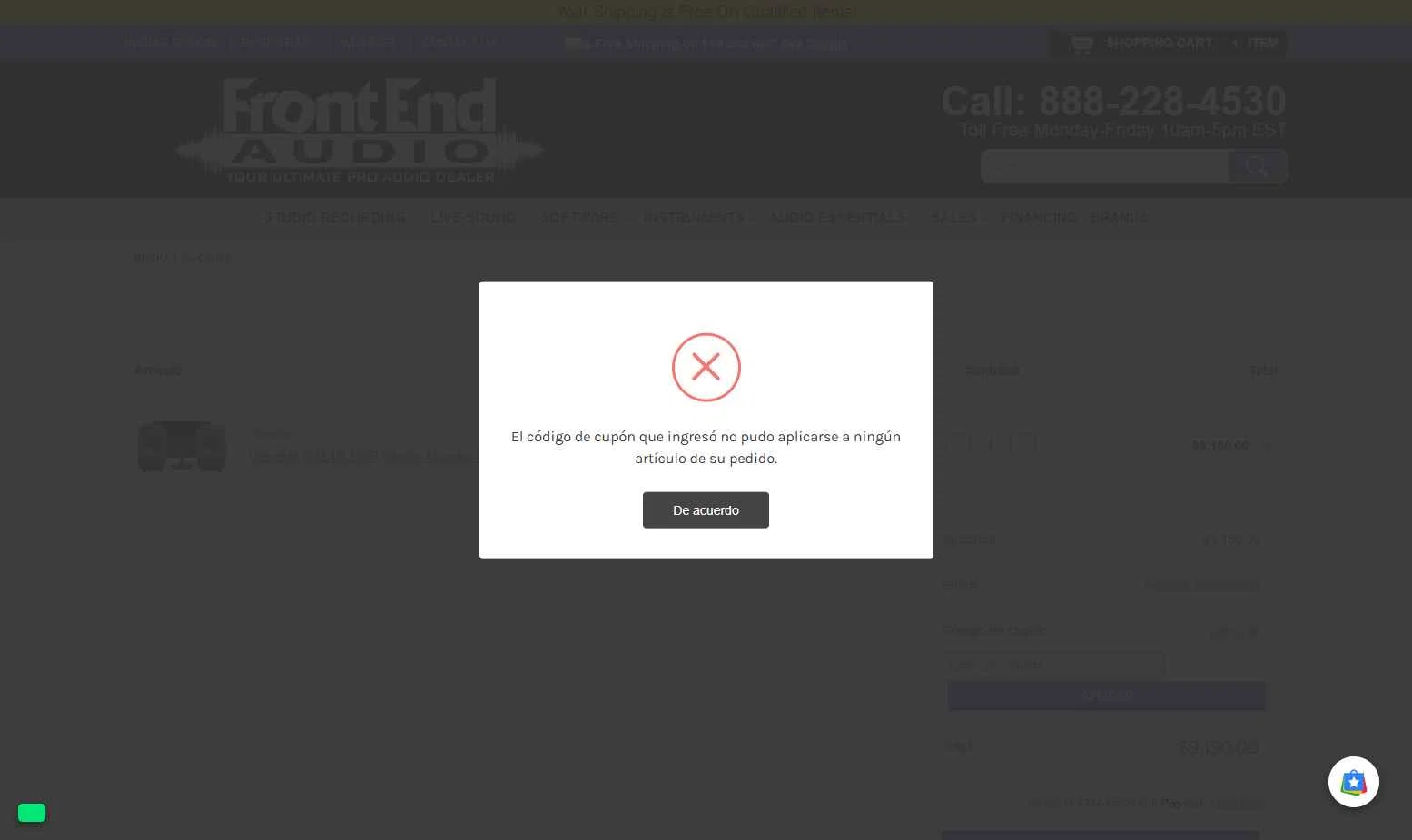 Front End Audio checkout page showing Front End Audio coupon code box | Screenshot taken by SimplyCodes community member on Nov 1, 2025