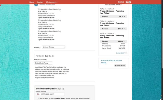 Front Gate Tickets checkout page showing Front Gate Tickets promo code box | Screenshot taken by SimplyCodes community member on Aug 2, 2025