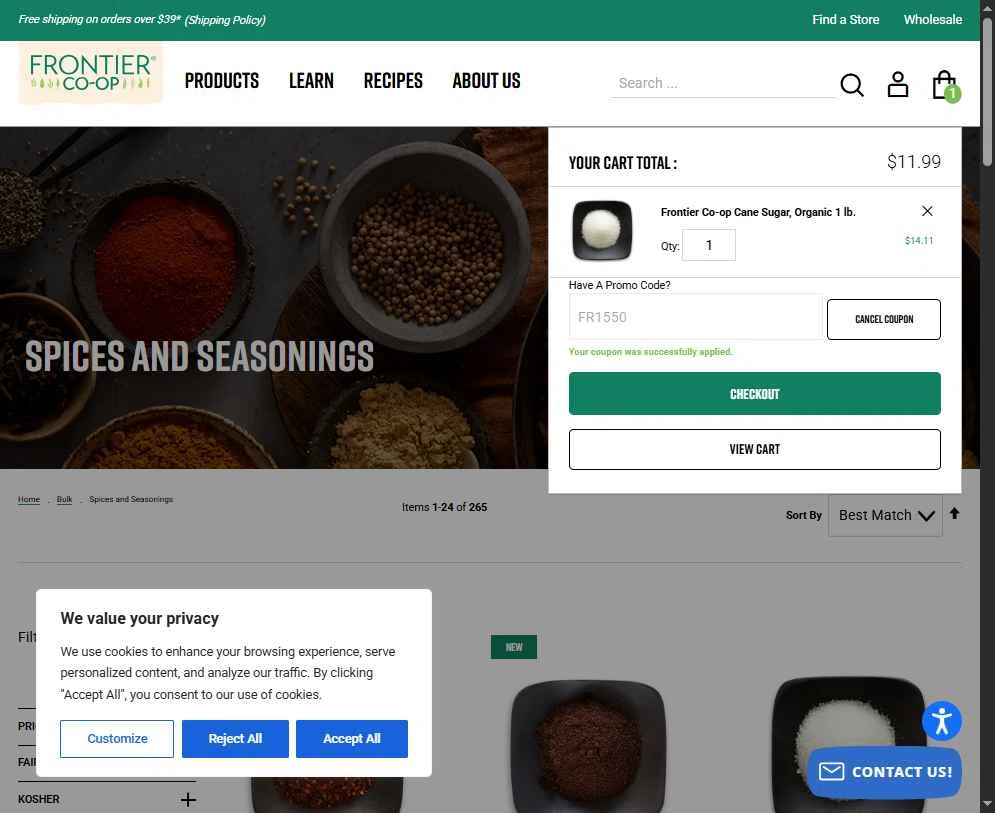 Frontier Coop checkout page showing Frontier Coop discount code box | Screenshot taken by SimplyCodes community member on Dec 28, 2025