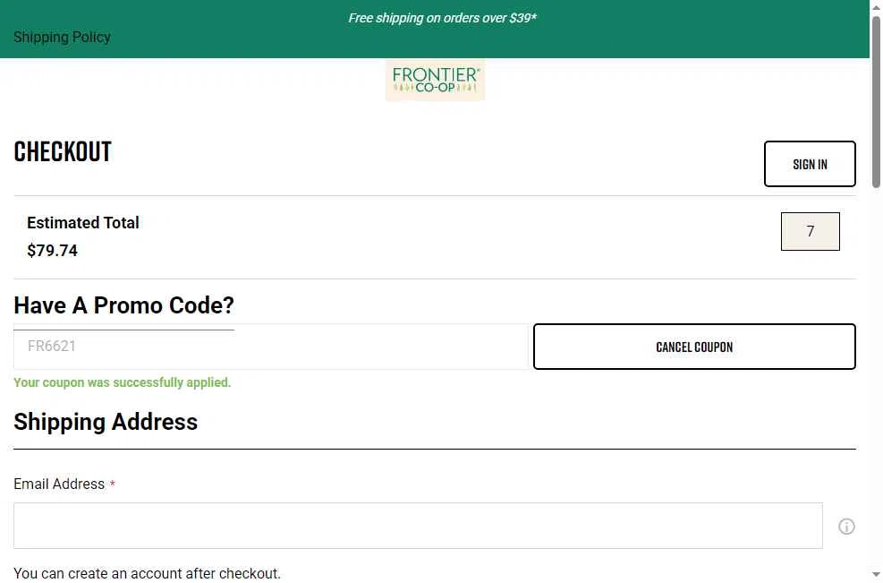 Frontier Coop checkout page showing Frontier Coop discount code box | Screenshot taken by SimplyCodes community member on Dec 8, 2025