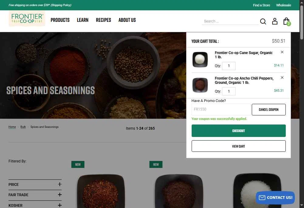 Frontier Coop checkout page showing Frontier Coop discount code box | Screenshot taken by SimplyCodes community member on Nov 30, 2025