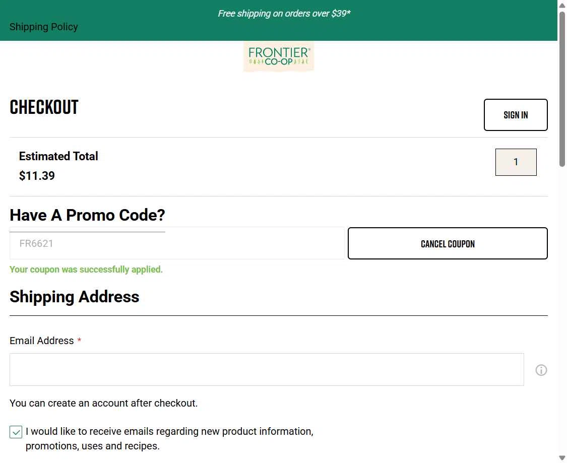Frontier Coop checkout page showing Frontier Coop discount code box | Screenshot taken by SimplyCodes community member on Jan 6, 2026