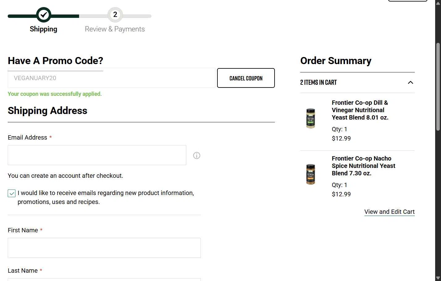 Frontier Coop checkout page showing Frontier Coop discount code box | Screenshot taken by SimplyCodes community member on Jan 9, 2026