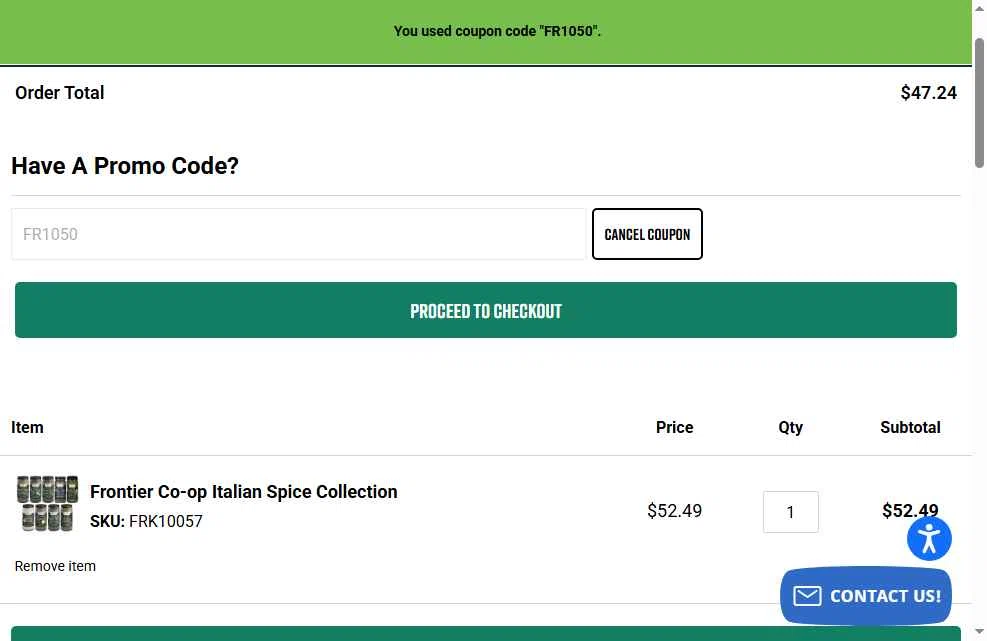 Frontier Coop checkout page showing Frontier Coop discount code box | Screenshot taken by SimplyCodes community member on Nov 27, 2025