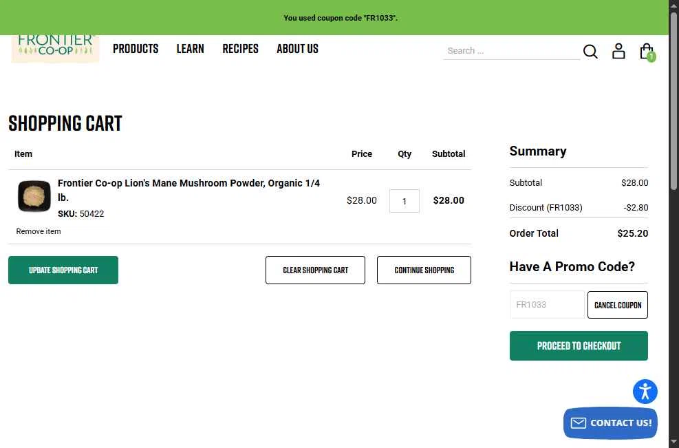 Frontier Coop checkout page showing Frontier Coop discount code box | Screenshot taken by SimplyCodes community member on Dec 29, 2025