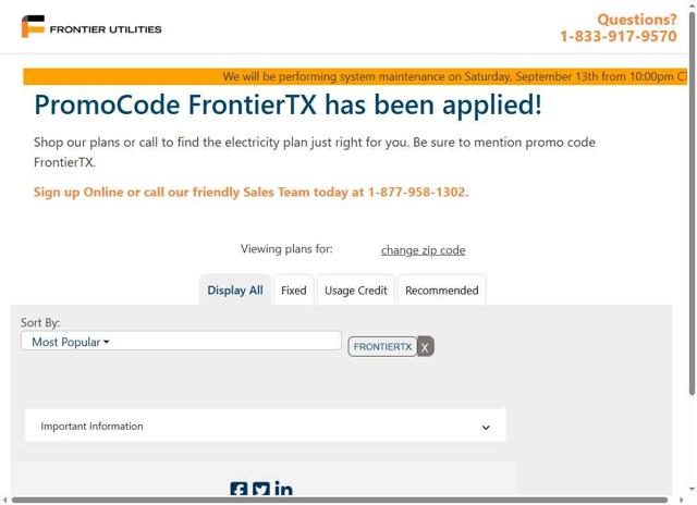 Frontier Utilities checkout page showing Frontier Utilities promo code box | Screenshot taken by SimplyCodes community member on Sep 13, 2025