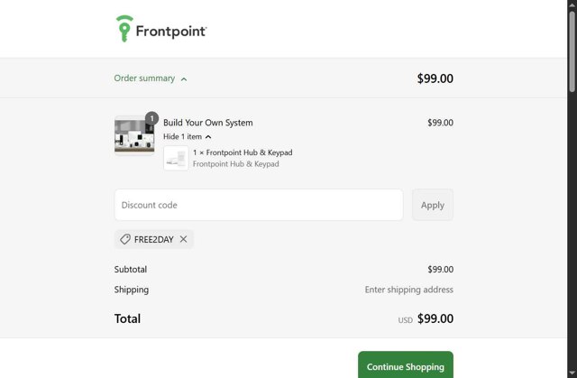 Frontpoint Security checkout page showing Frontpoint Security promo code box | Screenshot taken by SimplyCodes community member on Sep 7, 2025