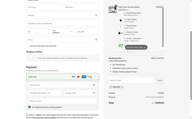 Frontpoint Security checkout page showing Frontpoint Security promo code box | Screenshot taken by SimplyCodes community member on Jun 2, 2025