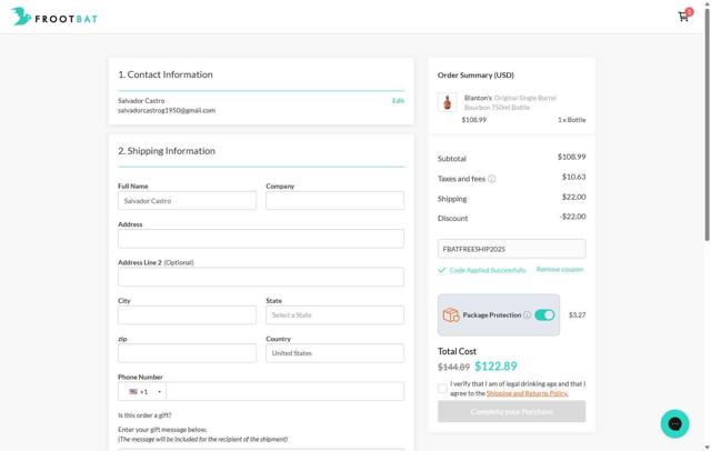 Frootbat checkout page showing Frootbat discount code box | Screenshot taken by SimplyCodes community member on Aug 25, 2025