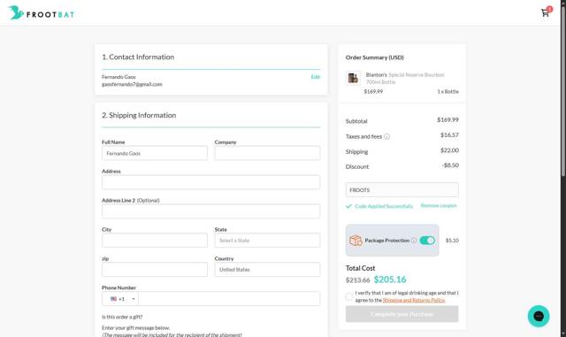 Frootbat checkout page showing Frootbat discount code box | Screenshot taken by SimplyCodes community member on Aug 12, 2025