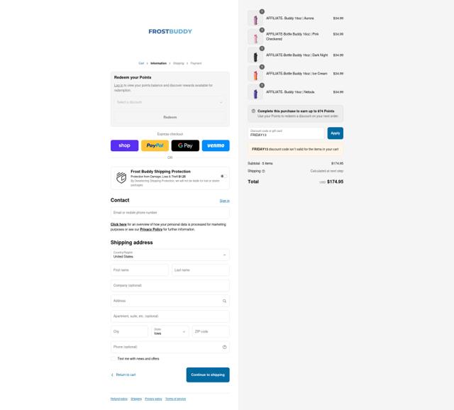 Frost Buddy checkout page showing Frost Buddy discount code box | Screenshot taken by SimplyCodes community member on Sep 14, 2025