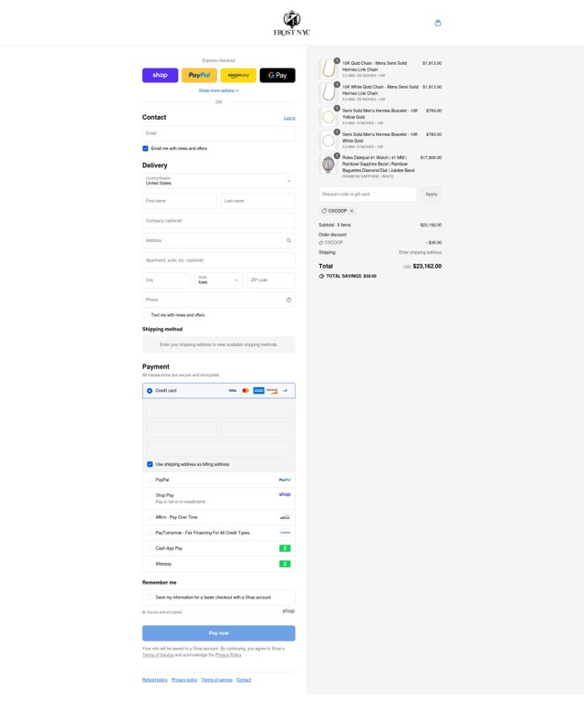 Frost NYC checkout page showing Frost NYC promo code box | Screenshot taken by SimplyCodes community member on Sep 5, 2025