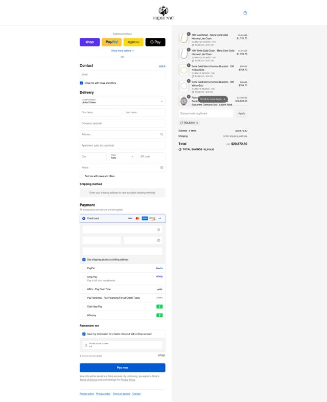 Frost NYC checkout page showing Frost NYC promo code box | Screenshot taken by SimplyCodes community member on Sep 5, 2025