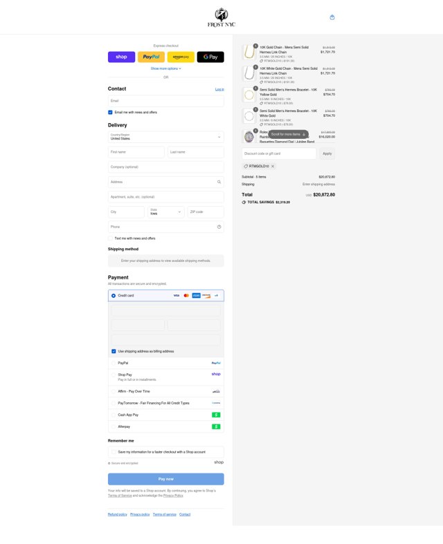 Frost NYC checkout page showing Frost NYC promo code box | Screenshot taken by SimplyCodes community member on Sep 5, 2025