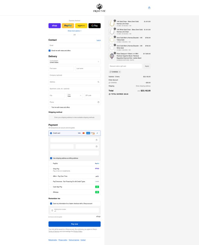 Frost NYC checkout page showing Frost NYC promo code box | Screenshot taken by SimplyCodes community member on Sep 5, 2025