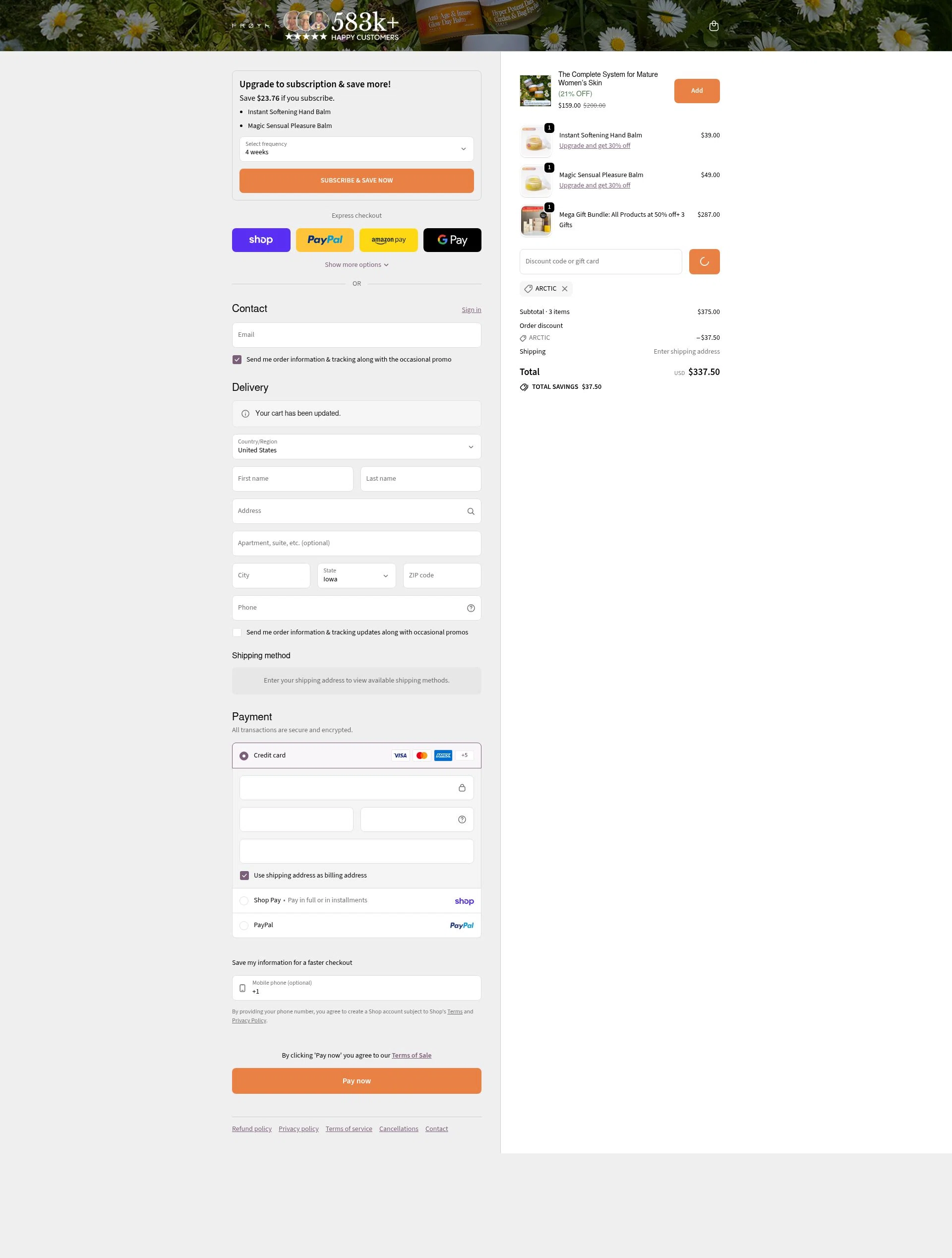 Frøya Organics checkout page showing Frøya Organics promo code box | Screenshot taken by SimplyCodes community member on Feb 10, 2026