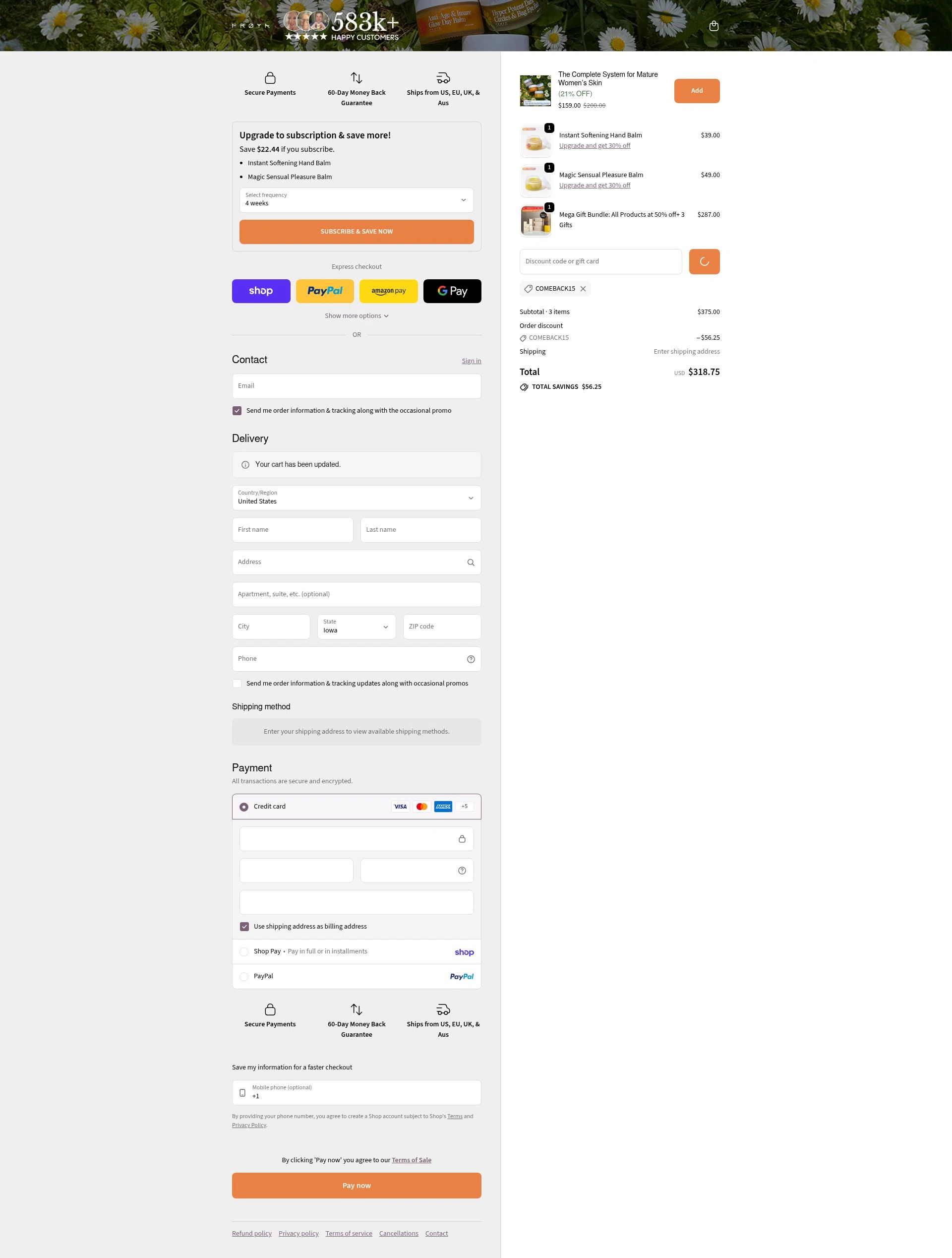 Frøya Organics checkout page showing Frøya Organics promo code box | Screenshot taken by SimplyCodes community member on Feb 7, 2026