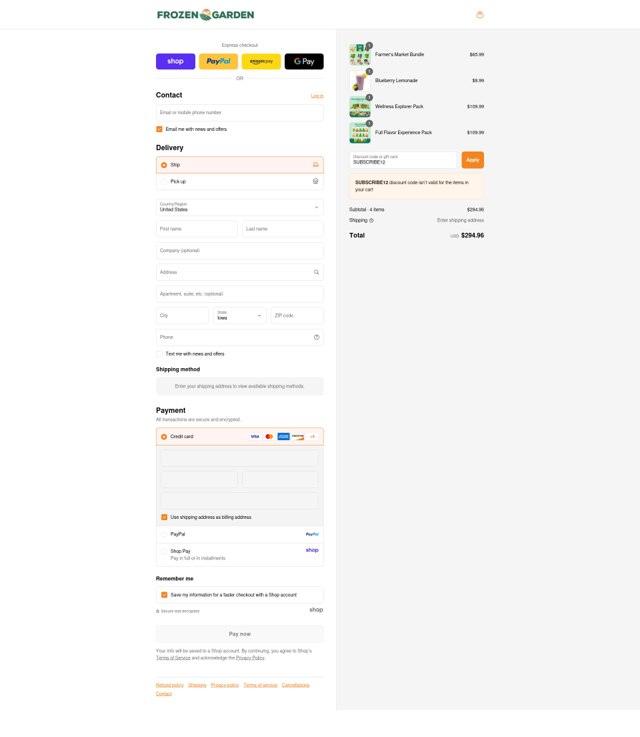 Frozen Garden checkout page showing Frozen Garden discount code box | Screenshot taken by SimplyCodes community member on Sep 8, 2025