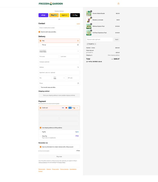 Frozen Garden checkout page showing Frozen Garden discount code box | Screenshot taken by SimplyCodes community member on Sep 8, 2025