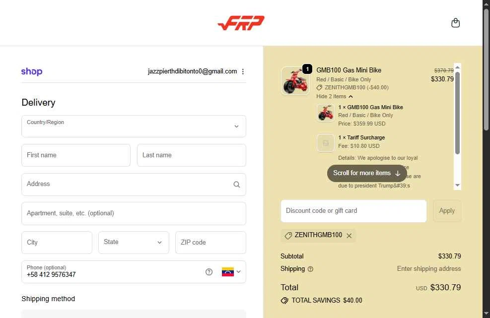 FRP checkout page showing FRP discount code box | Screenshot taken by SimplyCodes community member on Feb 19, 2026