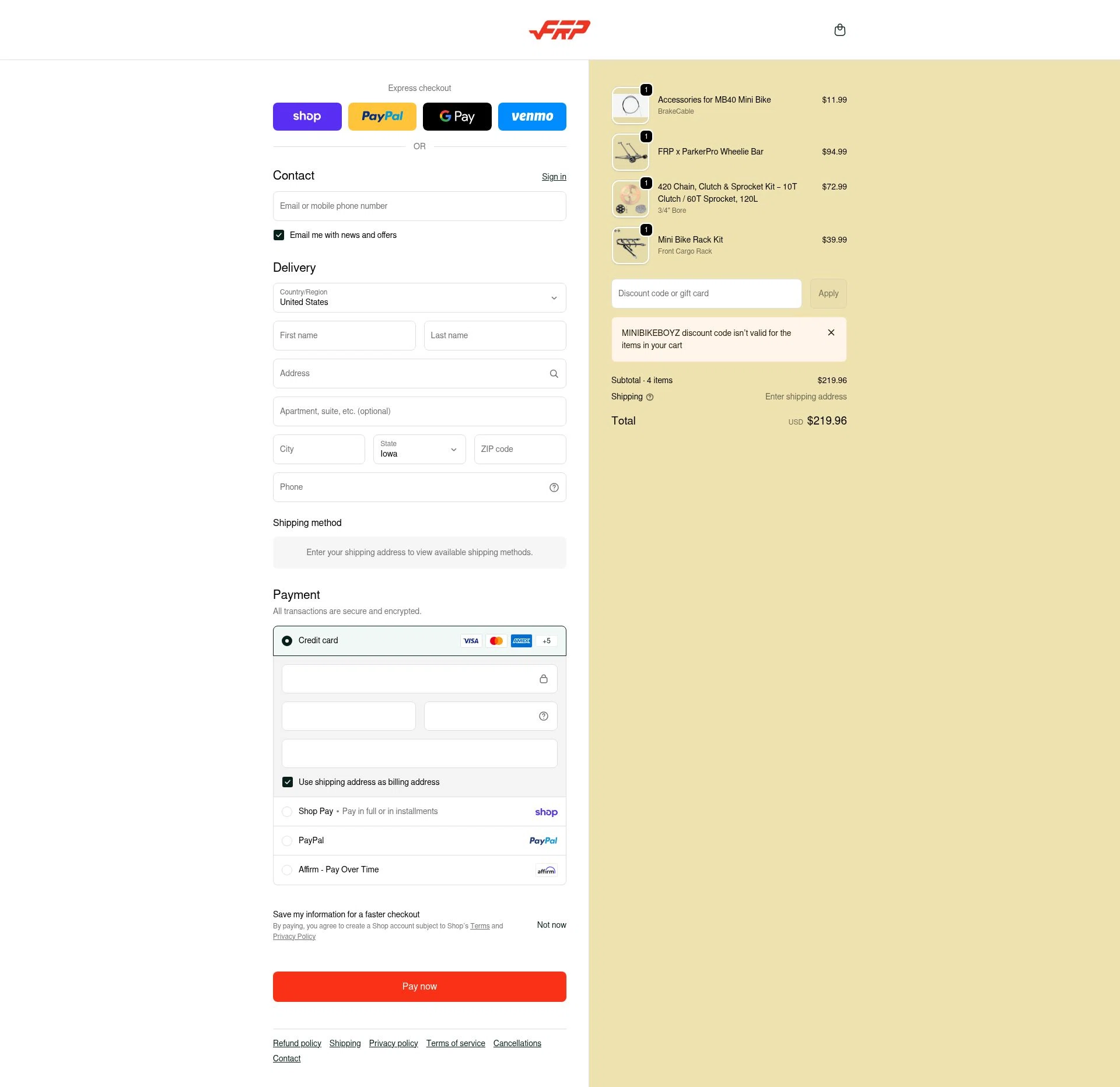 FRP checkout page showing FRP discount code box | Screenshot taken by SimplyCodes community member on Feb 16, 2026