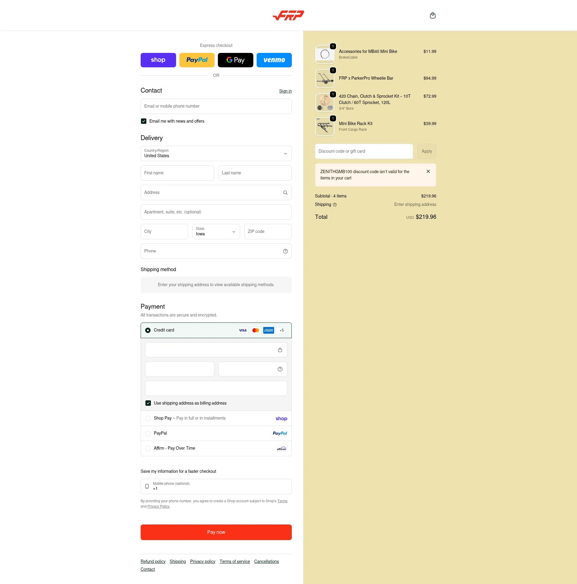 FRP checkout page showing FRP discount code box | Screenshot taken by SimplyCodes community member on Feb 12, 2026