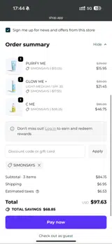 SIMONSAYS coupon verification screenshot