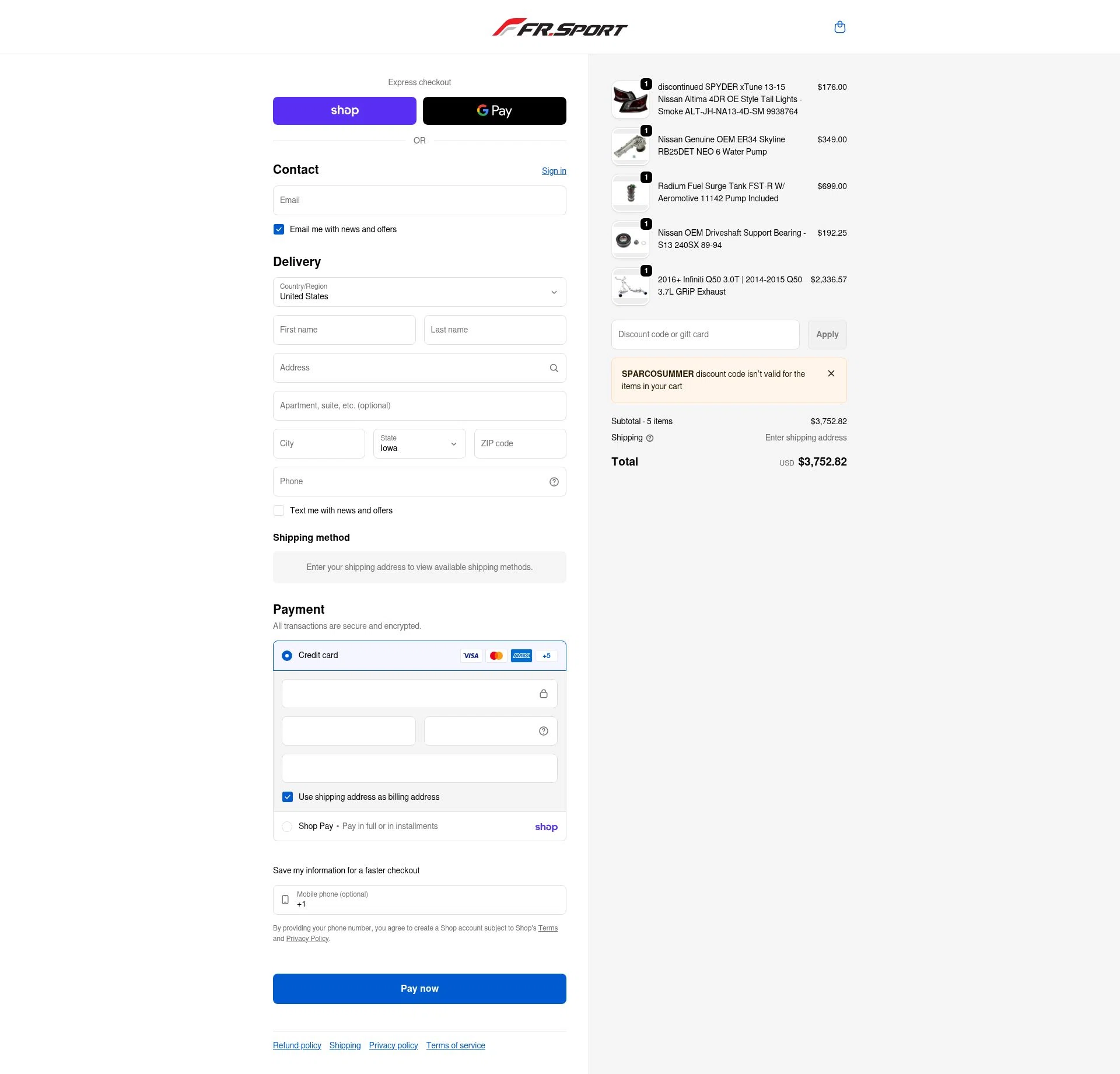 FRSport checkout page showing FRSport promo code box | Screenshot taken by SimplyCodes community member on Feb 8, 2026