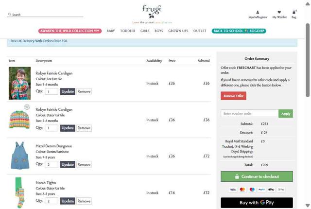 Frugi checkout page showing Frugi discount code box | Screenshot taken by SimplyCodes community member on Aug 18, 2025