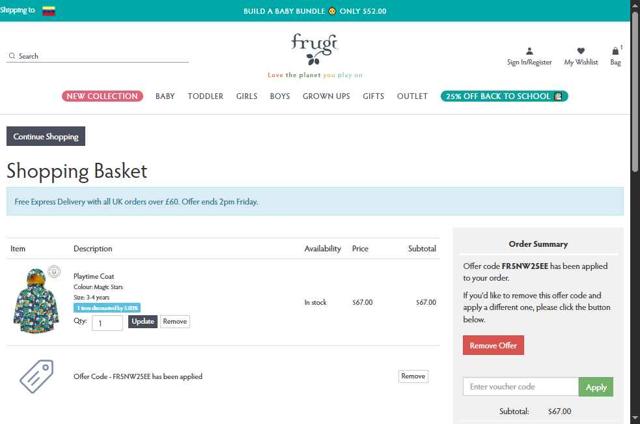 Frugi checkout page showing Frugi discount code box | Screenshot taken by SimplyCodes community member on Sep 3, 2025