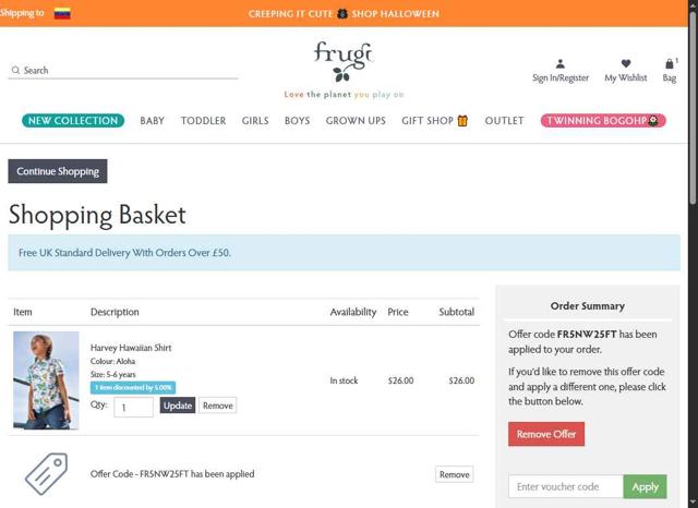 Frugi checkout page showing Frugi discount code box | Screenshot taken by SimplyCodes community member on Sep 14, 2025