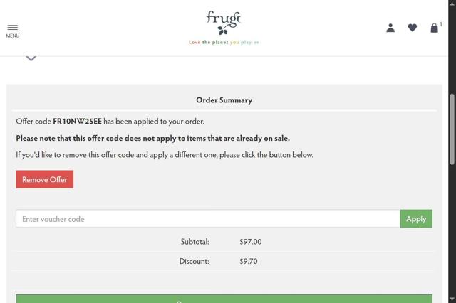 Frugi checkout page showing Frugi discount code box | Screenshot taken by SimplyCodes community member on Sep 13, 2025