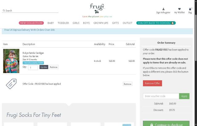 Frugi checkout page showing Frugi discount code box | Screenshot taken by SimplyCodes community member on Aug 29, 2025