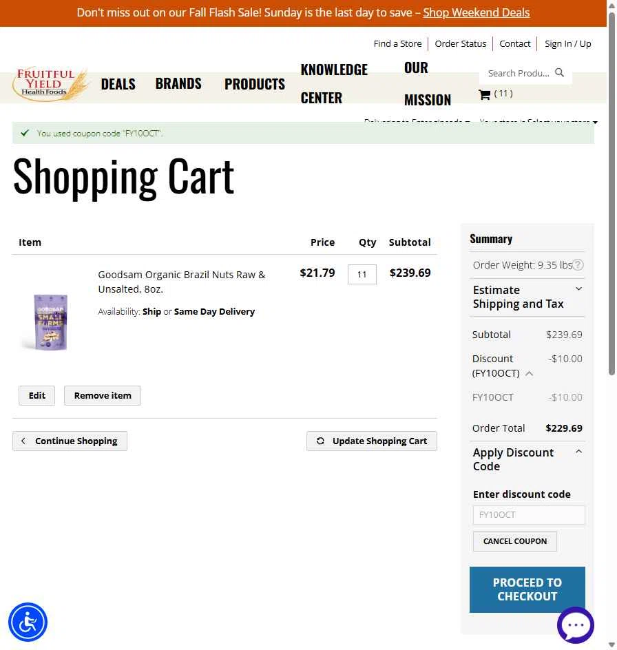 Fruitful Yield checkout page showing Fruitful Yield discount code box | Screenshot taken by SimplyCodes community member on Oct 12, 2025