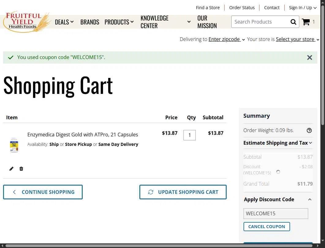 Fruitful Yield checkout page showing Fruitful Yield discount code box | Screenshot taken by SimplyCodes community member on Feb 1, 2026