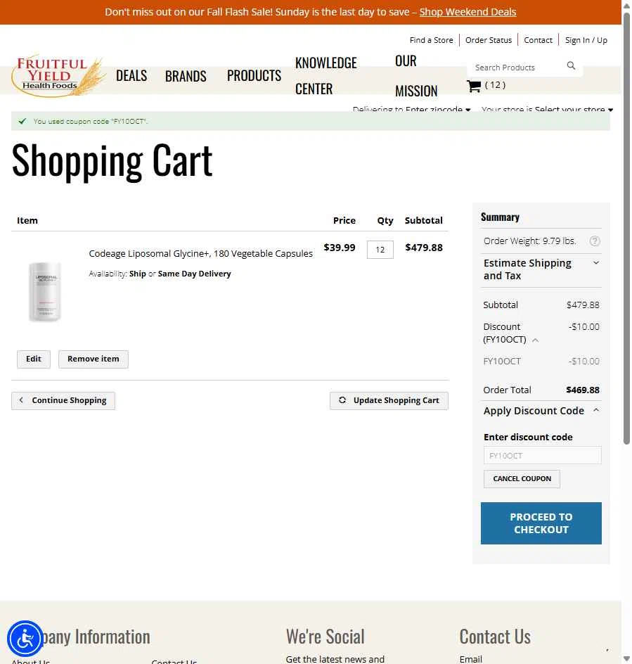 Fruitful Yield checkout page showing Fruitful Yield discount code box | Screenshot taken by SimplyCodes community member on Oct 12, 2025