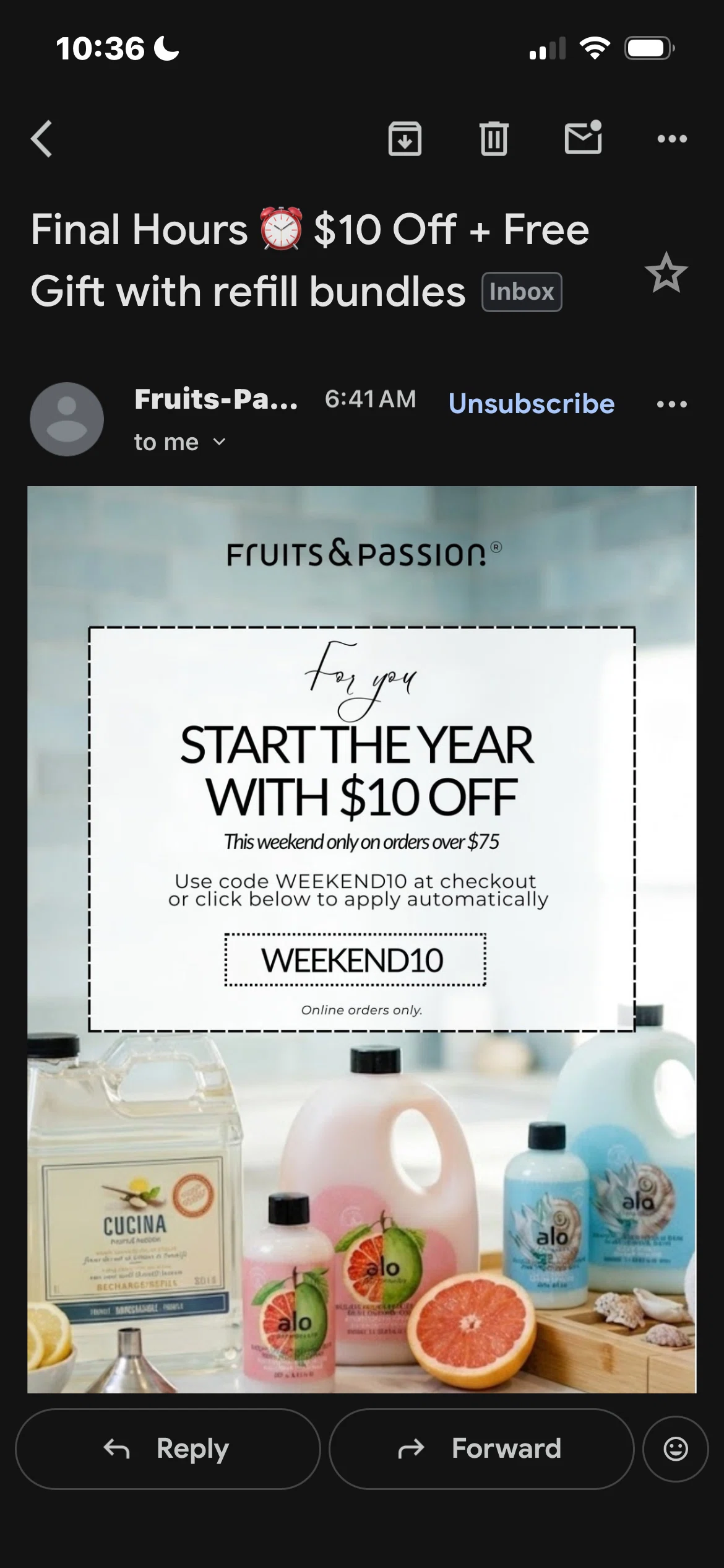 Fruits & Passion promo code screenshot showing code WEEKEND10 applied at Fruits & Passion checkout page. Uploaded by SimplyCodes community member hectorbrito15 on Jan 18, 2026