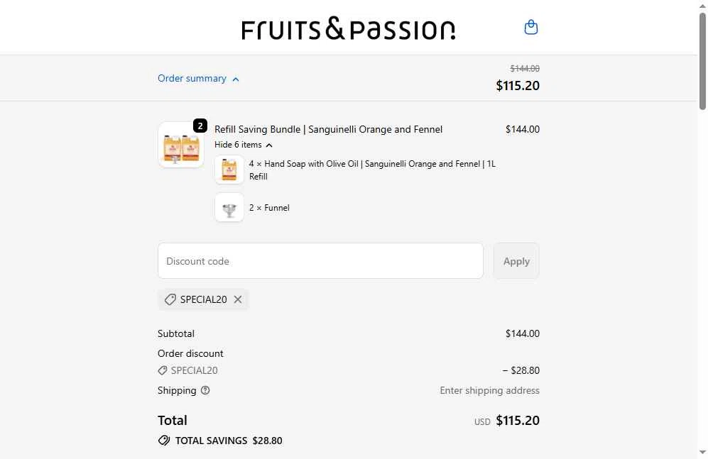 Fruits & Passion checkout page showing Fruits & Passion promo code box | Screenshot taken by SimplyCodes community member on Oct 27, 2025