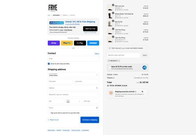 The Frye Company checkout page showing The Frye Company promo code box | Screenshot taken by SimplyCodes community member on Sep 12, 2025