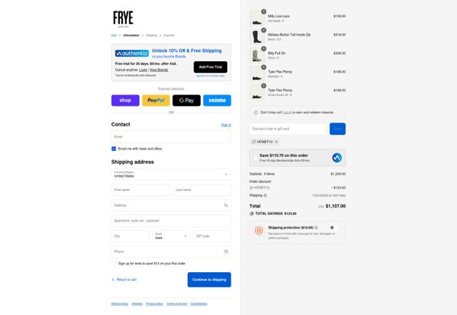 The Frye Company checkout page showing The Frye Company promo code box | Screenshot taken by SimplyCodes community member on Sep 12, 2025