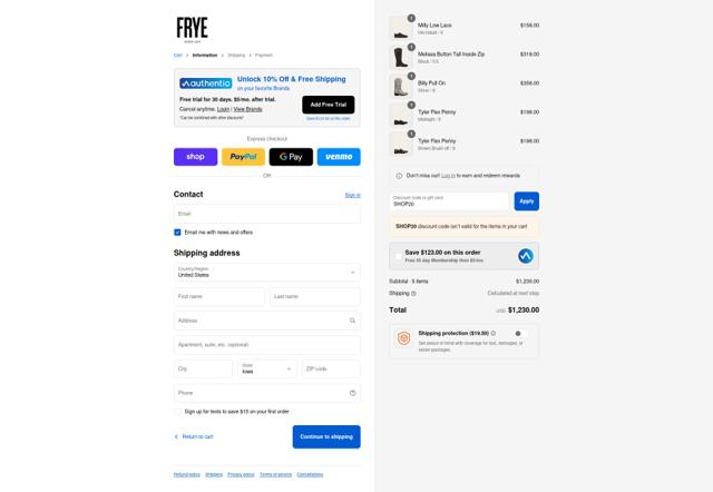 The Frye Company checkout page showing The Frye Company promo code box | Screenshot taken by SimplyCodes community member on Sep 12, 2025