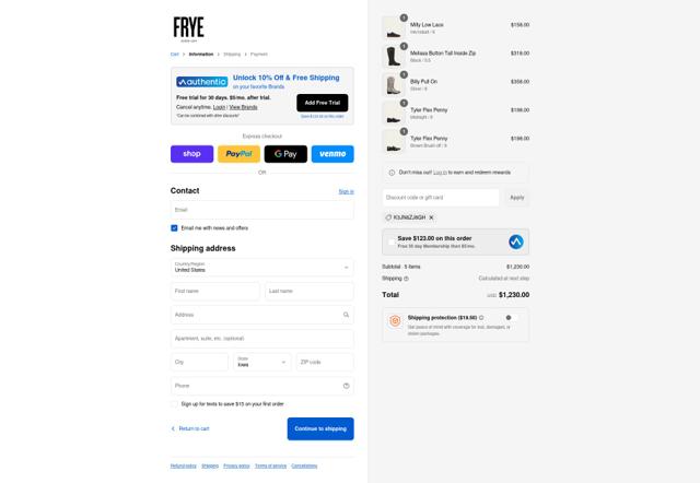 The Frye Company checkout page showing The Frye Company promo code box | Screenshot taken by SimplyCodes community member on Sep 12, 2025