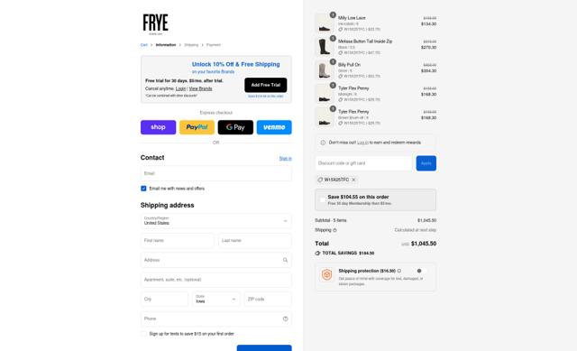 The Frye Company checkout page showing The Frye Company promo code box | Screenshot taken by SimplyCodes community member on Sep 12, 2025