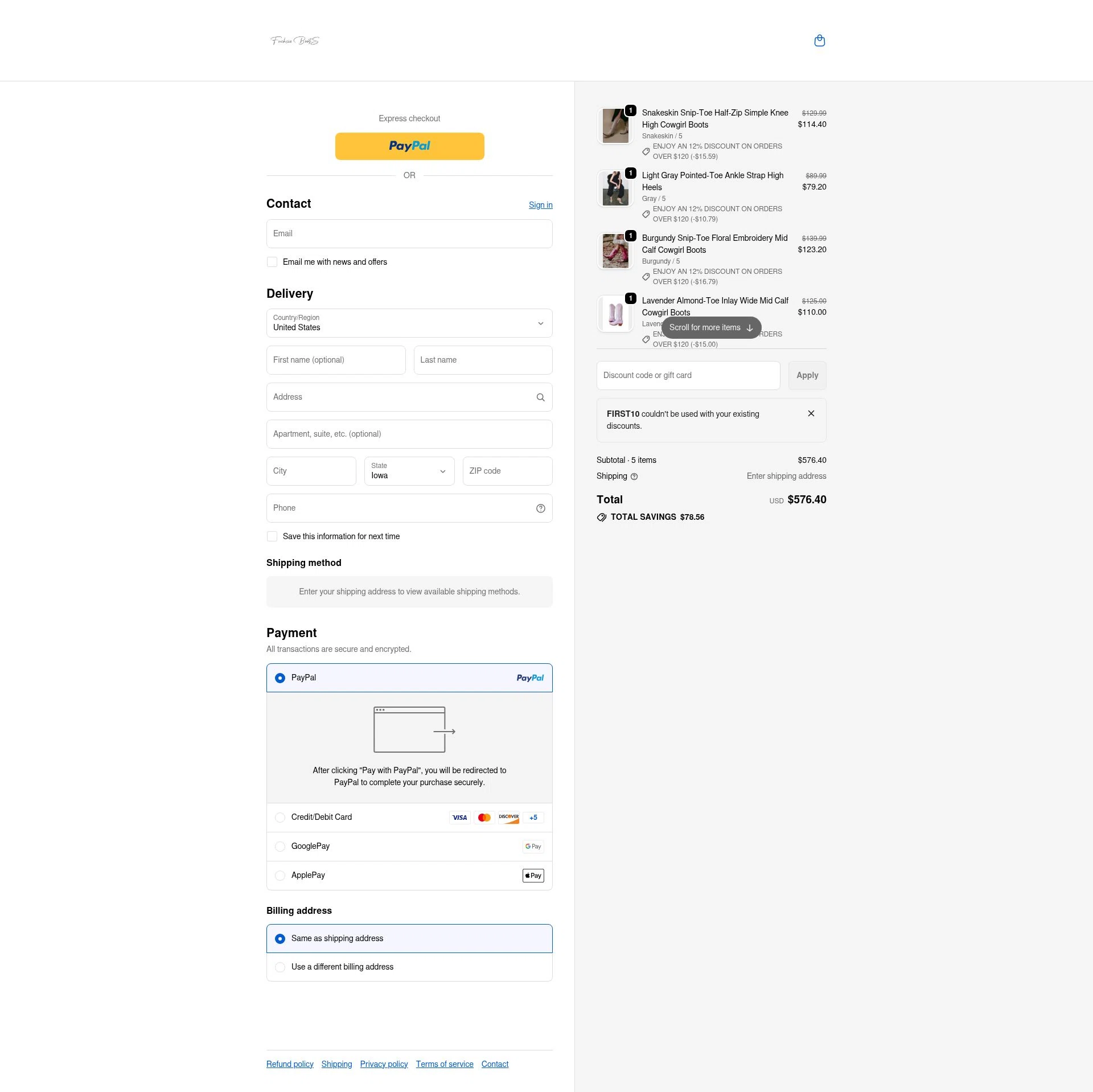 Fuchsia Boots checkout page showing Fuchsia Boots promo code box | Screenshot taken by SimplyCodes community member on Jan 2, 2026