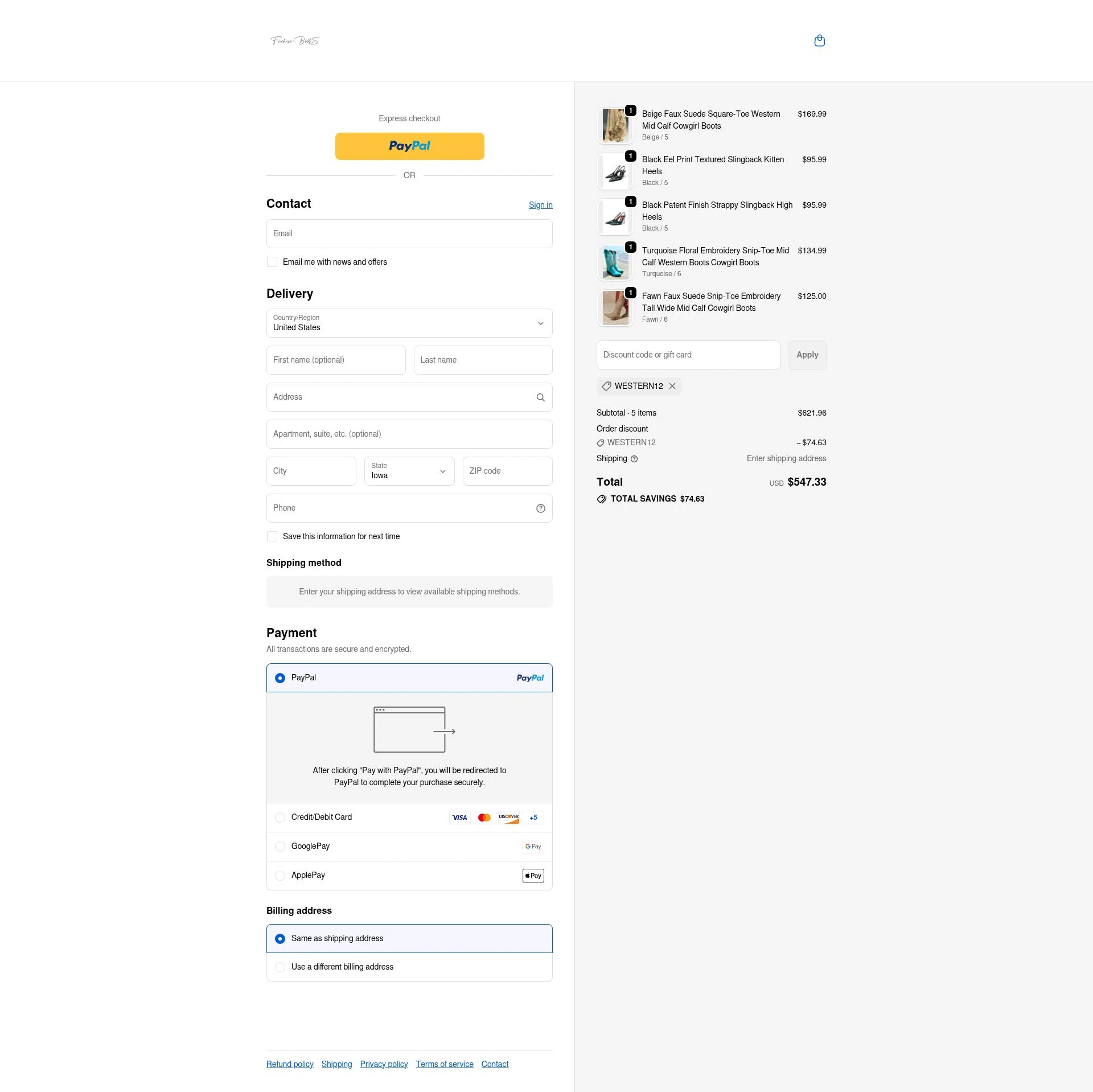 Fuchsia Boots checkout page showing Fuchsia Boots promo code box | Screenshot taken by SimplyCodes community member on Dec 16, 2025