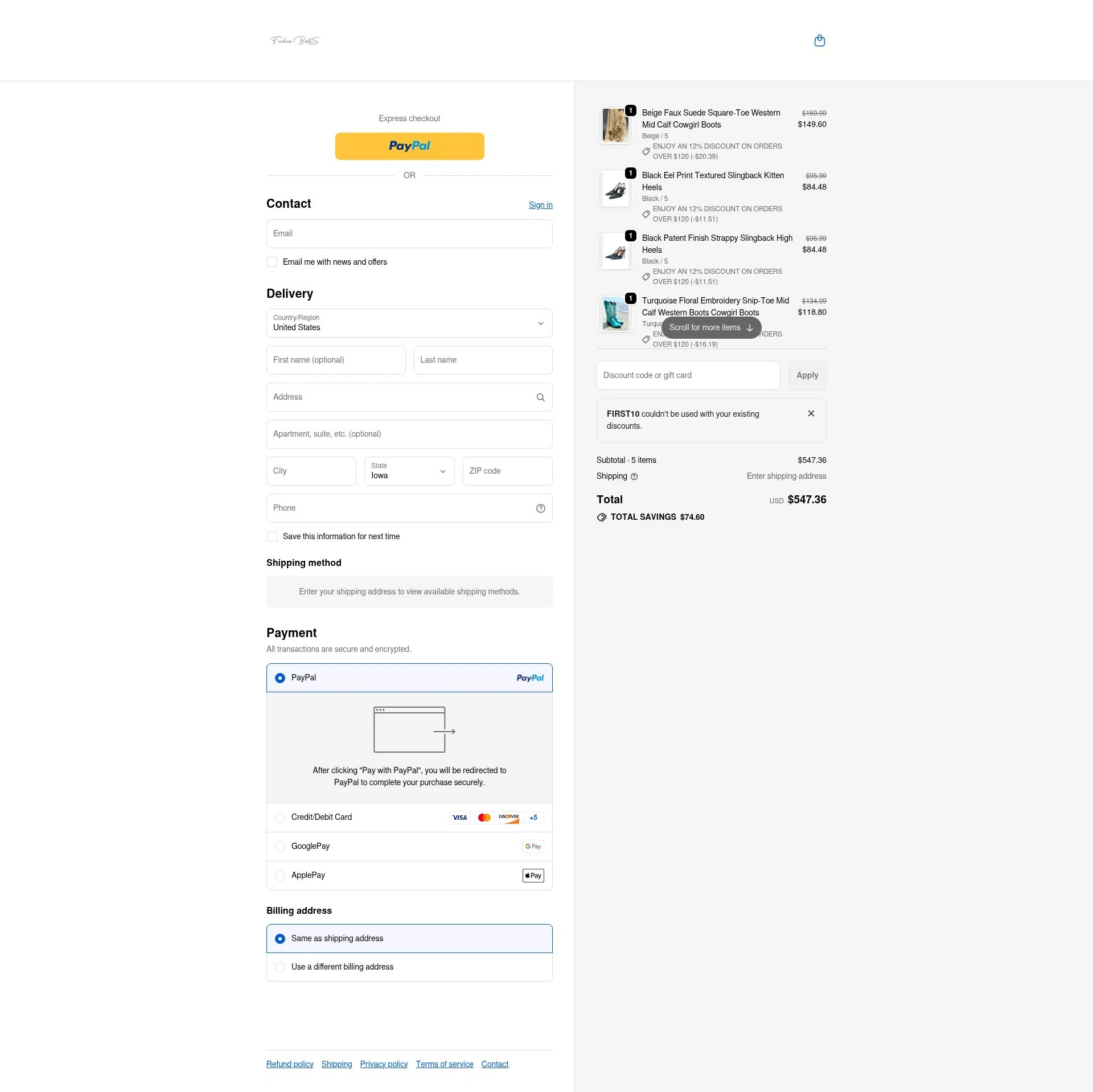 Fuchsia Boots checkout page showing Fuchsia Boots promo code box | Screenshot taken by SimplyCodes community member on Dec 28, 2025