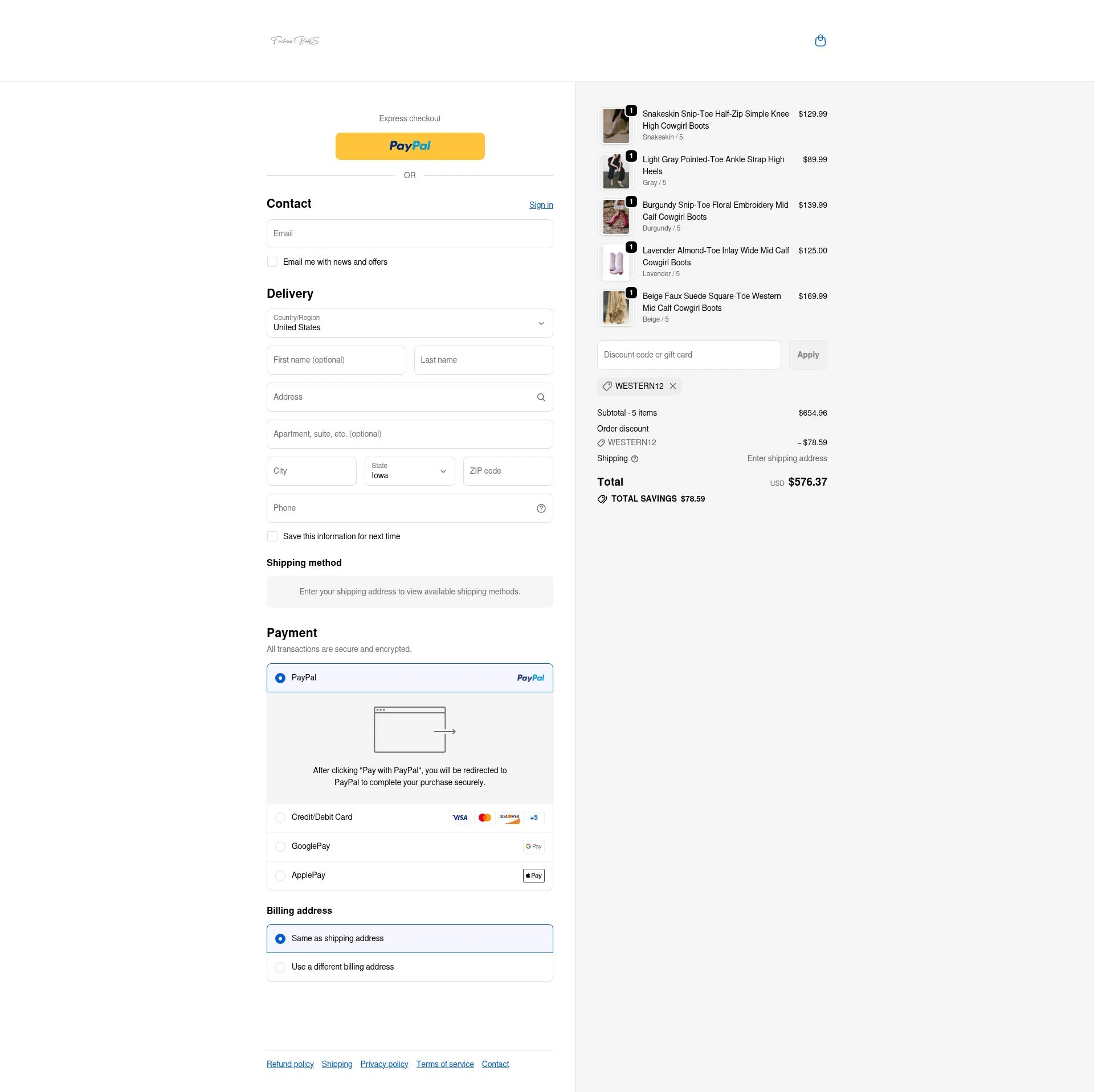 Fuchsia Boots checkout page showing Fuchsia Boots promo code box | Screenshot taken by SimplyCodes community member on Jan 2, 2026