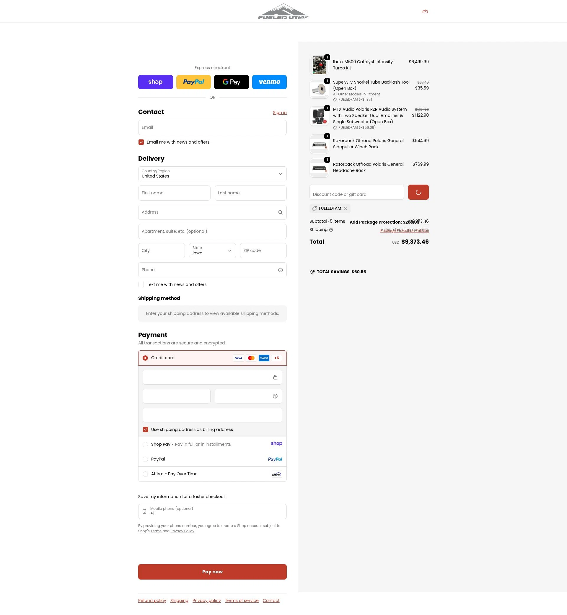 FueledUTV checkout page showing FueledUTV promo code box | Screenshot taken by SimplyCodes community member on Jan 17, 2026